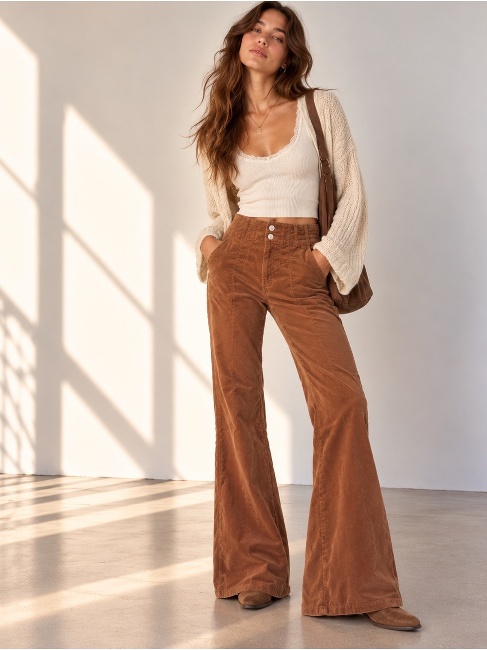 Free People Brown High Rise Corduroy Flare Bell Bottom Stretch Pants Size 26